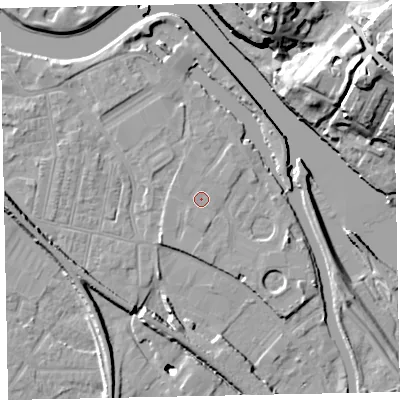 Shaded relief map of the ground around EX28DD, computed from Environment Agency LiDAR. The ground here sits at about 8 m above sea level and falls 27 m across the surrounding 800 m. Surface water reaching this point runs off ground lying to the south-west, 0.8 m higher.