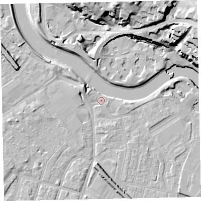 Shaded relief map of the ground around EX28DE, computed from Environment Agency LiDAR. The ground here sits at about 8 m above sea level and falls 29 m across the surrounding 800 m. Surface water reaching this point runs off ground lying to the north-west, 3.3 m higher.