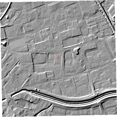 Shaded relief map of the ground around EX28DF, computed from Environment Agency LiDAR. The ground here sits at about 6 m above sea level and falls 8 m across the surrounding 800 m. Surface water reaching this point runs off ground lying to the south-south-west, 1.9 m higher.