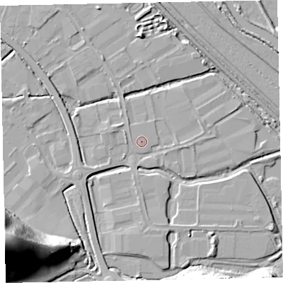 Shaded relief map of the ground around EX28DG, computed from Environment Agency LiDAR. The ground here sits at about 4 m above sea level and falls 40 m across the surrounding 800 m. The ground contributing surface water to this point lies to the west-south-west.