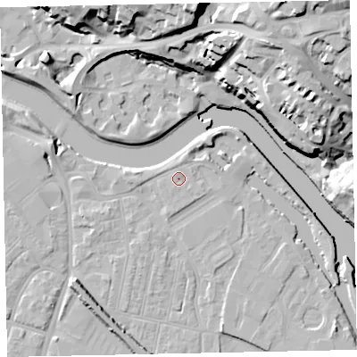 Shaded relief map of the ground around EX28DJ, computed from Environment Agency LiDAR. The ground here sits at about 8 m above sea level and falls 33 m across the surrounding 800 m. Surface water reaching this point runs off ground lying to the south-south-west, 0.9 m higher.