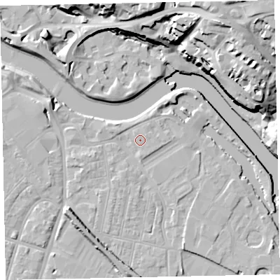 Shaded relief map of the ground around EX28DL, computed from Environment Agency LiDAR. The ground here sits at about 8 m above sea level and falls 30 m across the surrounding 800 m. Surface water reaching this point runs off ground lying to the south-east, 0.7 m higher.
