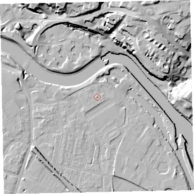 Shaded relief map of the ground around EX28DN, computed from Environment Agency LiDAR. The ground here sits at about 8 m above sea level and falls 33 m across the surrounding 800 m. Surface water reaching this point runs off ground lying to the west, 1.0 m higher.