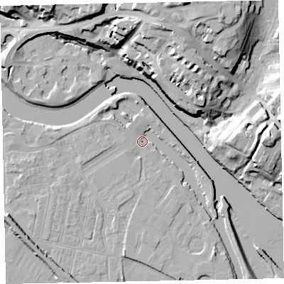 Shaded relief map of the ground around EX28DP, computed from Environment Agency LiDAR. The ground here sits at about 7 m above sea level and falls 33 m across the surrounding 800 m. Surface water reaching this point runs off ground lying to the south-south-east, 4.5 m higher.