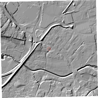 Shaded relief map of the ground around EX28DQ, computed from Environment Agency LiDAR. The ground here sits at about 10 m above sea level and falls 18 m across the surrounding 800 m. Surface water reaching this point runs off ground lying to the west-north-west, 6.7 m higher.