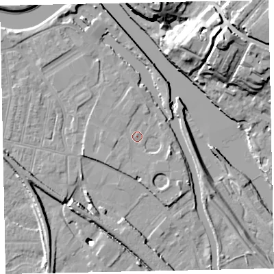 Shaded relief map of the ground around EX28DS, computed from Environment Agency LiDAR. The ground here sits at about 8 m above sea level and falls 29 m across the surrounding 800 m. Surface water reaching this point runs off ground lying to the south-east, 2.7 m higher.