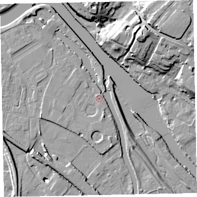 Shaded relief map of the ground around EX28DU, computed from Environment Agency LiDAR. The ground here sits at about 8 m above sea level and falls 31 m across the surrounding 800 m. Surface water reaching this point runs off ground lying to the south-west, 9.8 m higher.