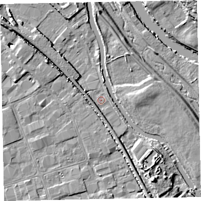 Shaded relief map of the ground around EX28DX, computed from Environment Agency LiDAR. The ground here sits at about 6 m above sea level and falls 16 m across the surrounding 800 m. Surface water reaching this point runs off ground lying to the west, 2.6 m higher.