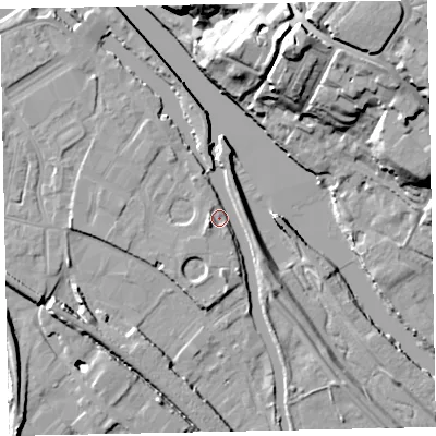 Shaded relief map of the ground around EX28DY, computed from Environment Agency LiDAR. The ground here sits at about 7 m above sea level and falls 30 m across the surrounding 800 m. Surface water reaching this point runs off ground lying to the west-south-west, 6.4 m higher.