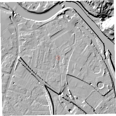 Shaded relief map of the ground around EX28EA, computed from Environment Agency LiDAR. The ground here sits at about 7 m above sea level and falls 25 m across the surrounding 800 m. Surface water reaching this point runs off ground lying to the south-south-east, 2.4 m higher.