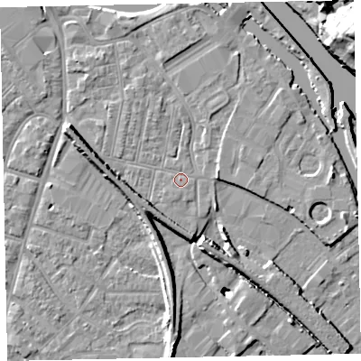 Shaded relief map of the ground around EX28EB, computed from Environment Agency LiDAR. The ground here sits at about 8 m above sea level and falls 18 m across the surrounding 800 m. Surface water reaching this point runs off ground lying to the west-north-west, 5.4 m higher.