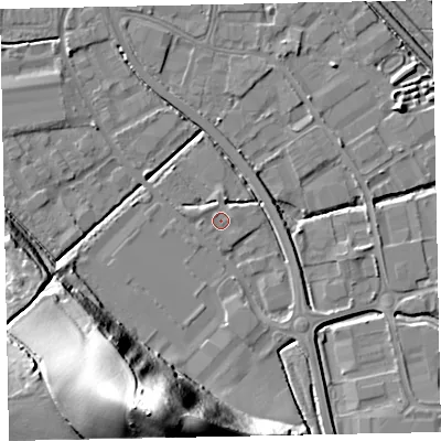 Shaded relief map of the ground around EX28ED, computed from Environment Agency LiDAR. The ground here sits at about 5 m above sea level and falls 48 m across the surrounding 800 m. Surface water reaching this point runs off ground lying to the west-north-west, 0.8 m higher.