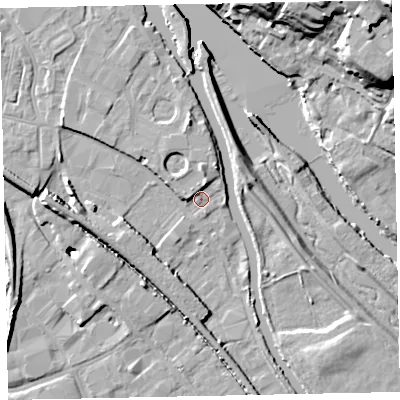 Shaded relief map of the ground around EX28EE, computed from Environment Agency LiDAR. The ground here sits at about 7 m above sea level and falls 26 m across the surrounding 800 m. Surface water reaching this point runs off ground lying to the west, 6.4 m higher.