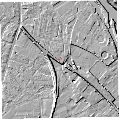 Shaded relief map of the ground around EX28EG, computed from Environment Agency LiDAR. The ground here sits at about 8 m above sea level and falls 15 m across the surrounding 800 m. Surface water reaching this point runs off ground lying to the west-north-west, 9.9 m higher.