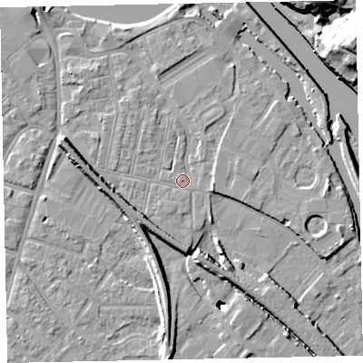 Shaded relief map of the ground around EX28EH, computed from Environment Agency LiDAR. The ground here sits at about 8 m above sea level and falls 20 m across the surrounding 800 m. Surface water reaching this point runs off ground lying to the west, 5.4 m higher.