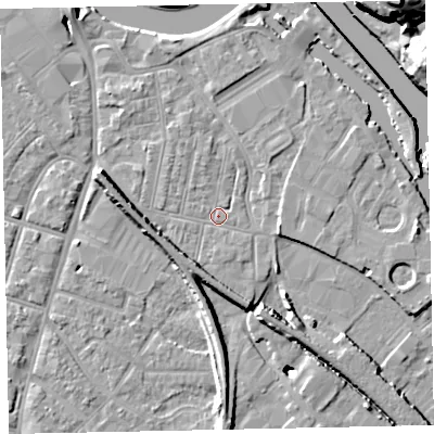 Shaded relief map of the ground around EX28EJ, computed from Environment Agency LiDAR. The ground here sits at about 8 m above sea level and falls 22 m across the surrounding 800 m. Surface water reaching this point runs off ground lying to the west, 5.4 m higher.