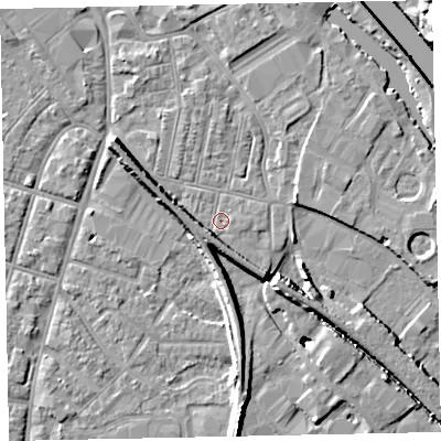 Shaded relief map of the ground around EX28EN, computed from Environment Agency LiDAR. The ground here sits at about 8 m above sea level and falls 11 m across the surrounding 800 m. Surface water reaching this point runs off ground lying to the south-west, 4.3 m higher.