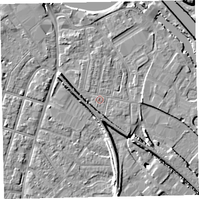 Shaded relief map of the ground around EX28EP, computed from Environment Agency LiDAR. The ground here sits at about 8 m above sea level and falls 20 m across the surrounding 800 m. Surface water reaching this point runs off ground lying to the west-north-west, 5.1 m higher.