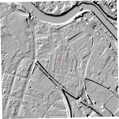 Shaded relief map of the ground around EX28ER, computed from Environment Agency LiDAR. The ground here sits at about 8 m above sea level and falls 27 m across the surrounding 800 m. Surface water reaching this point runs off ground lying to the north, 0.8 m higher.