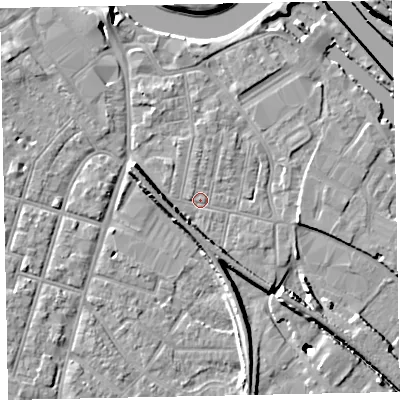 Shaded relief map of the ground around EX28ES, computed from Environment Agency LiDAR. The ground here sits at about 8 m above sea level and falls 21 m across the surrounding 800 m. Surface water reaching this point runs off ground lying to the west, 5.1 m higher.
