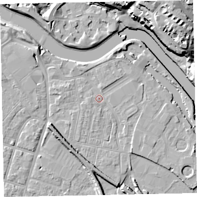 Shaded relief map of the ground around EX28EU, computed from Environment Agency LiDAR. The ground here sits at about 8 m above sea level and falls 27 m across the surrounding 800 m. Surface water reaching this point runs off ground lying to the north-north-west, 1.9 m higher.