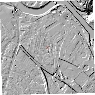 Shaded relief map of the ground around EX28EW, computed from Environment Agency LiDAR. The ground here sits at about 7 m above sea level and falls 24 m across the surrounding 800 m. Surface water reaching this point runs off ground lying to the west-south-west, 5.4 m higher.