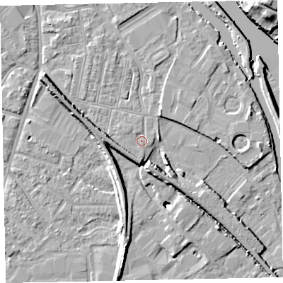 Shaded relief map of the ground around EX28EY, computed from Environment Agency LiDAR. The ground here sits at about 7 m above sea level and falls 19 m across the surrounding 800 m. Surface water reaching this point runs off ground lying to the west-south-west, 4.1 m higher.