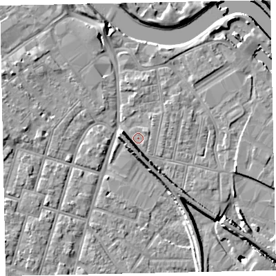 Shaded relief map of the ground around EX28EZ, computed from Environment Agency LiDAR. The ground here sits at about 8 m above sea level and falls 21 m across the surrounding 800 m. Surface water reaching this point runs off ground lying to the south, 4.9 m higher.