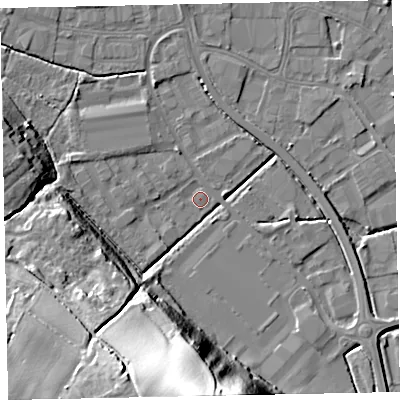Shaded relief map of the ground around EX28FD, computed from Environment Agency LiDAR. The ground here sits at about 4 m above sea level and falls 42 m across the surrounding 800 m. Surface water reaching this point runs off ground lying to the south, 41.2 m higher.