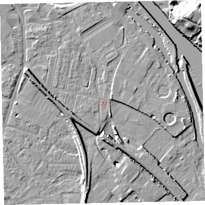 Shaded relief map of the ground around EX28FE, computed from Environment Agency LiDAR. The ground here sits at about 7 m above sea level and falls 21 m across the surrounding 800 m. Surface water reaching this point runs off ground lying to the west-north-west, 5.4 m higher.