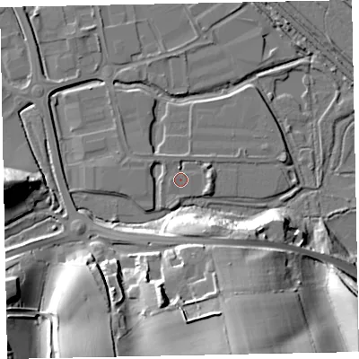 Shaded relief map of the ground around EX28FN, computed from Environment Agency LiDAR. The ground here sits at about 5 m above sea level and falls 30 m across the surrounding 800 m. Surface water reaching this point runs off ground lying to the west, 1.6 m higher.