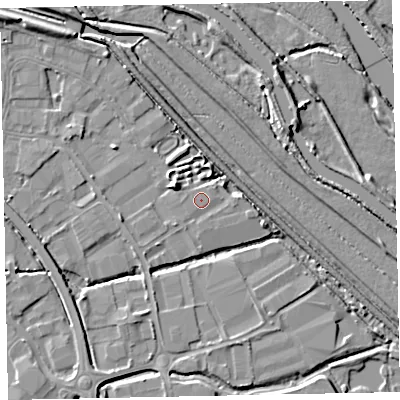 Shaded relief map of the ground around EX28FS, computed from Environment Agency LiDAR. The ground here sits at about 5 m above sea level and falls 7 m across the surrounding 800 m. Surface water reaching this point runs off ground lying to the north-east, 0.6 m higher.