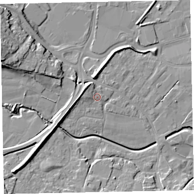 Shaded relief map of the ground around EX28FX, computed from Environment Agency LiDAR. The ground here sits at about 11 m above sea level and falls 20 m across the surrounding 800 m. Surface water reaching this point runs off ground lying to the west-north-west, 2.5 m higher.