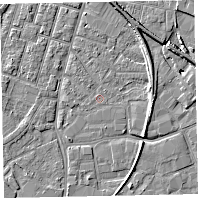 Shaded relief map of the ground around EX28GJ, computed from Environment Agency LiDAR. The ground here sits at about 7 m above sea level and falls 10 m across the surrounding 800 m. The ground contributing surface water to this point lies to the west-south-west.