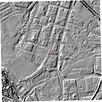 Shaded relief map of the ground around EX28GL, computed from Environment Agency LiDAR. The ground here sits at about 8 m above sea level and falls 17 m across the surrounding 800 m. The ground contributing surface water to this point lies to the west-north-west.