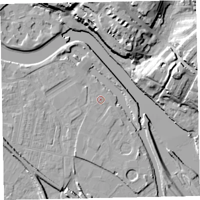 Shaded relief map of the ground around EX28GP, computed from Environment Agency LiDAR. The ground here sits at about 8 m above sea level and falls 28 m across the surrounding 800 m. Surface water reaching this point runs off ground lying to the south-south-east, 1.5 m higher.