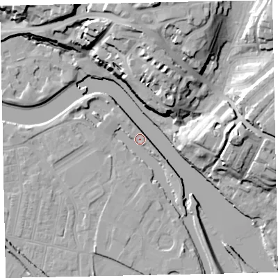 Shaded relief map of the ground around EX28GR, computed from Environment Agency LiDAR. The ground here sits at about 7 m above sea level and falls 33 m across the surrounding 800 m. Surface water reaching this point runs off ground lying to the south-south-east, 4.5 m higher.