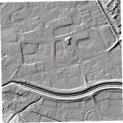 Shaded relief map of the ground around EX28GS, computed from Environment Agency LiDAR. The ground here sits at about 6 m above sea level and falls 13 m across the surrounding 800 m. Surface water reaching this point runs off ground lying to the west-south-west, 1.0 m higher.