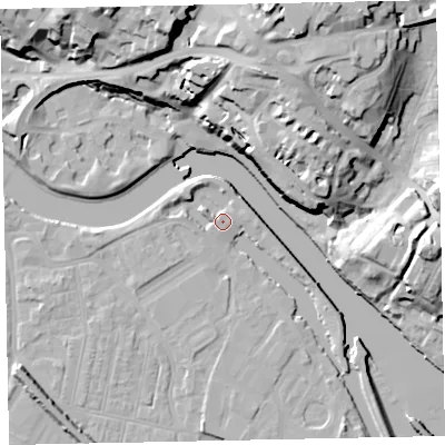 Shaded relief map of the ground around EX28GT, computed from Environment Agency LiDAR. The ground here sits at about 7 m above sea level and falls 34 m across the surrounding 800 m. Surface water reaching this point runs off ground lying to the north-west, 3.0 m higher.