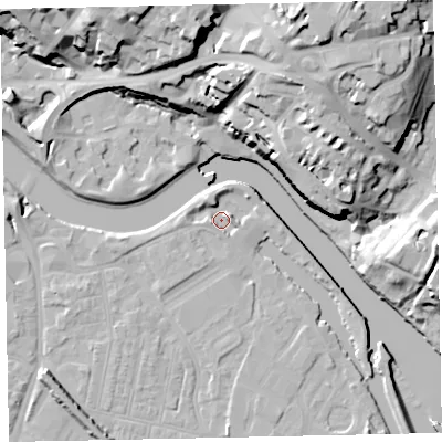 Shaded relief map of the ground around EX28GU, computed from Environment Agency LiDAR. The ground here sits at about 6 m above sea level and falls 35 m across the surrounding 800 m. Surface water reaching this point runs off ground lying to the west, 2.7 m higher.
