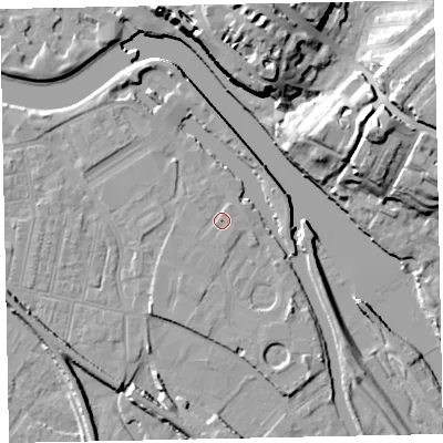 Shaded relief map of the ground around EX28GW, computed from Environment Agency LiDAR. The ground here sits at about 8 m above sea level and falls 28 m across the surrounding 800 m. Surface water reaching this point runs off ground lying to the south-east, 1.1 m higher.