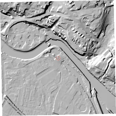 Shaded relief map of the ground around EX28GX, computed from Environment Agency LiDAR. The ground here sits at about 7 m above sea level and falls 34 m across the surrounding 800 m. Surface water reaching this point runs off ground lying to the west-north-west, 1.9 m higher.