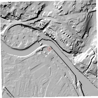 Shaded relief map of the ground around EX28GY, computed from Environment Agency LiDAR. The ground here sits at about 7 m above sea level and falls 35 m across the surrounding 800 m. Surface water reaching this point runs off ground lying to the north, 5.1 m higher.