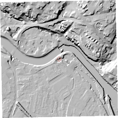 Shaded relief map of the ground around EX28GZ, computed from Environment Agency LiDAR. The ground here sits at about 8 m above sea level and falls 35 m across the surrounding 800 m. Surface water reaching this point runs off ground lying to the north-east, 3.0 m higher.
