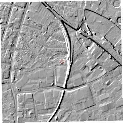 Shaded relief map of the ground around EX28HA, computed from Environment Agency LiDAR. The ground here sits at about 7 m above sea level and falls 10 m across the surrounding 800 m. Surface water reaching this point runs off ground lying to the north-north-west, 6.2 m higher.