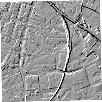 Shaded relief map of the ground around EX28HB, computed from Environment Agency LiDAR. The ground here sits at about 7 m above sea level and falls 10 m across the surrounding 800 m. Surface water reaching this point runs off ground lying to the west-north-west, 1.3 m higher.