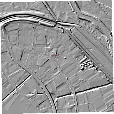Shaded relief map of the ground around EX28HD, computed from Environment Agency LiDAR. The ground here sits at about 4 m above sea level and falls 7 m across the surrounding 800 m. Surface water reaching this point runs off ground lying to the east, 1.6 m higher.