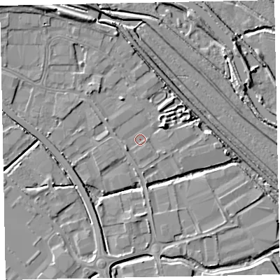 Shaded relief map of the ground around EX28HE, computed from Environment Agency LiDAR. The ground here sits at about 4 m above sea level and falls 7 m across the surrounding 800 m. Surface water reaching this point runs off ground lying to the west-south-west, 1.5 m higher.