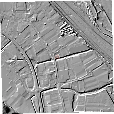 Shaded relief map of the ground around EX28HF, computed from Environment Agency LiDAR. The ground here sits at about 4 m above sea level and falls 43 m across the surrounding 800 m. Surface water reaching this point runs off ground lying to the south-south-west, 3.6 m higher.