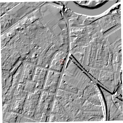 Shaded relief map of the ground around EX28HH, computed from Environment Agency LiDAR. The ground here sits at about 8 m above sea level and falls 10 m across the surrounding 800 m. Surface water reaching this point runs off ground lying to the west, 2.8 m higher.